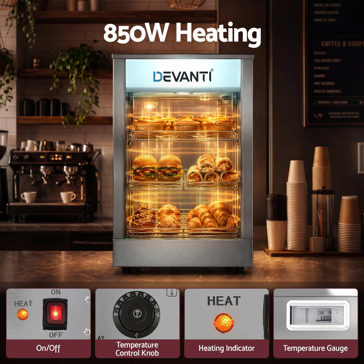 Commercial Food Warmer 850W 3 Shelf Heated Display Cabinet