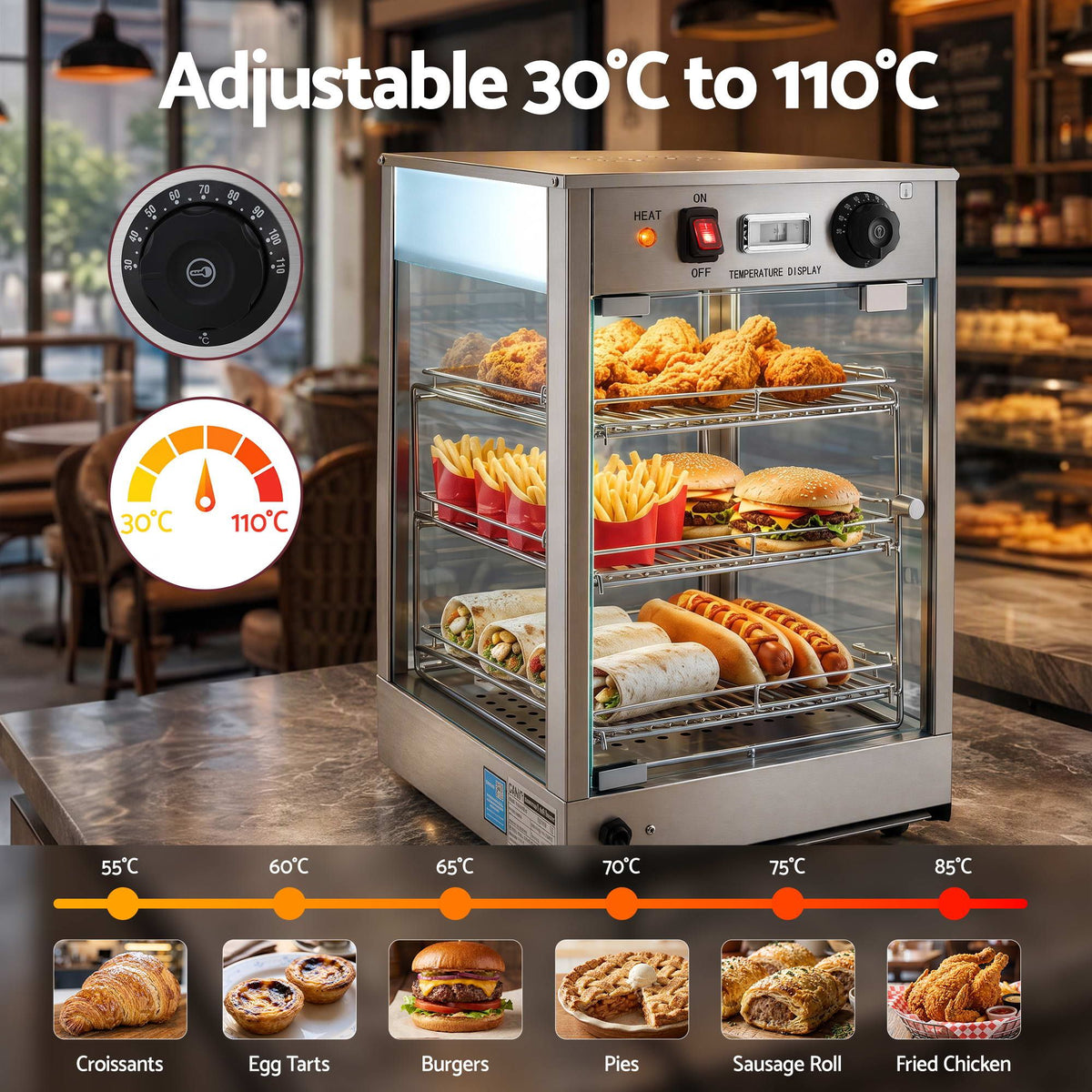 Commercial Food Warmer 850W 3 Shelf Heated Display Cabinet