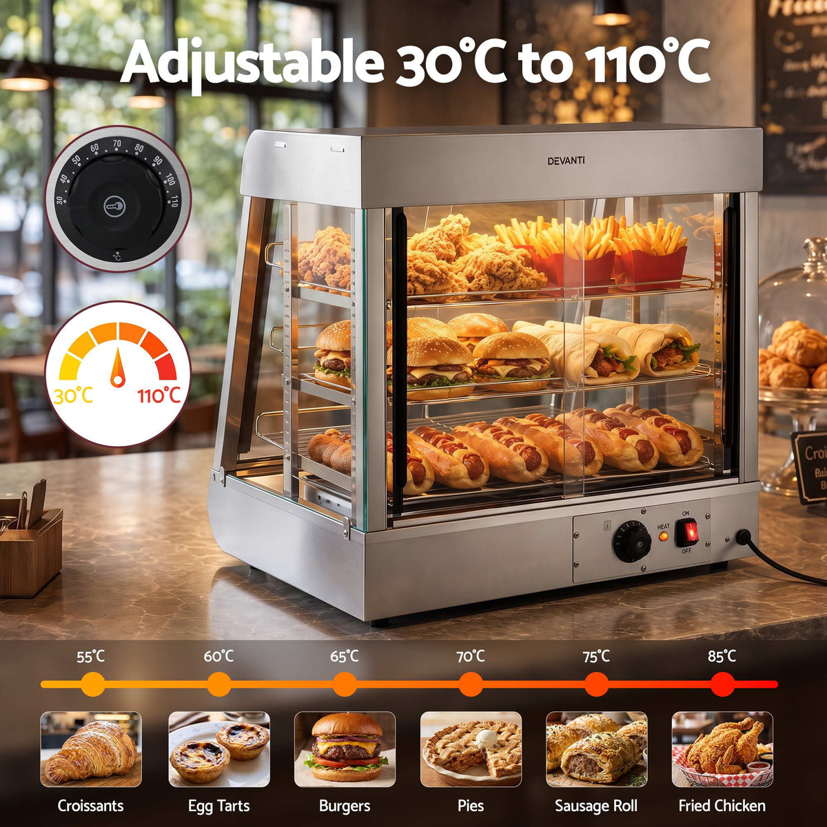 Commercial Food Warmer 1500W 3 Shelf Heated Display Cabinet