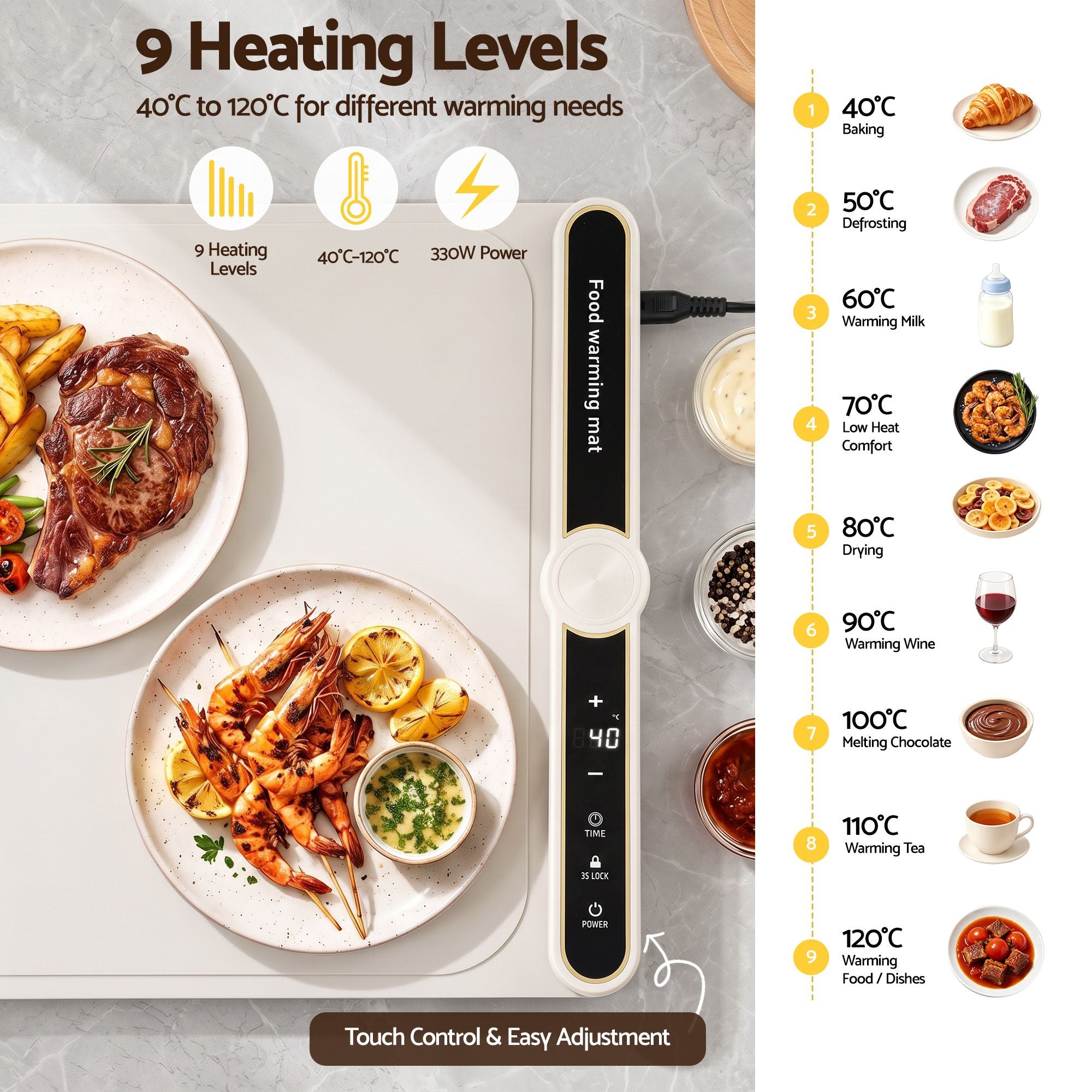 Electric Food Warming Mat 60 x 38cm with Timer and Safety Lock - White