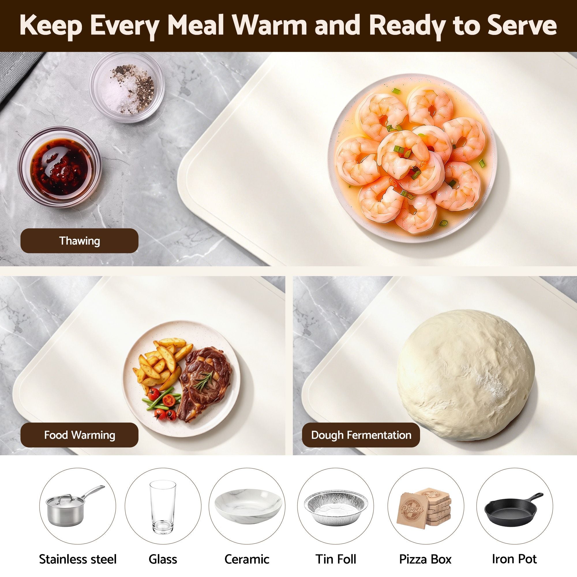 Electric Food Warming Mat 60 x 38cm with Timer and Safety Lock - White