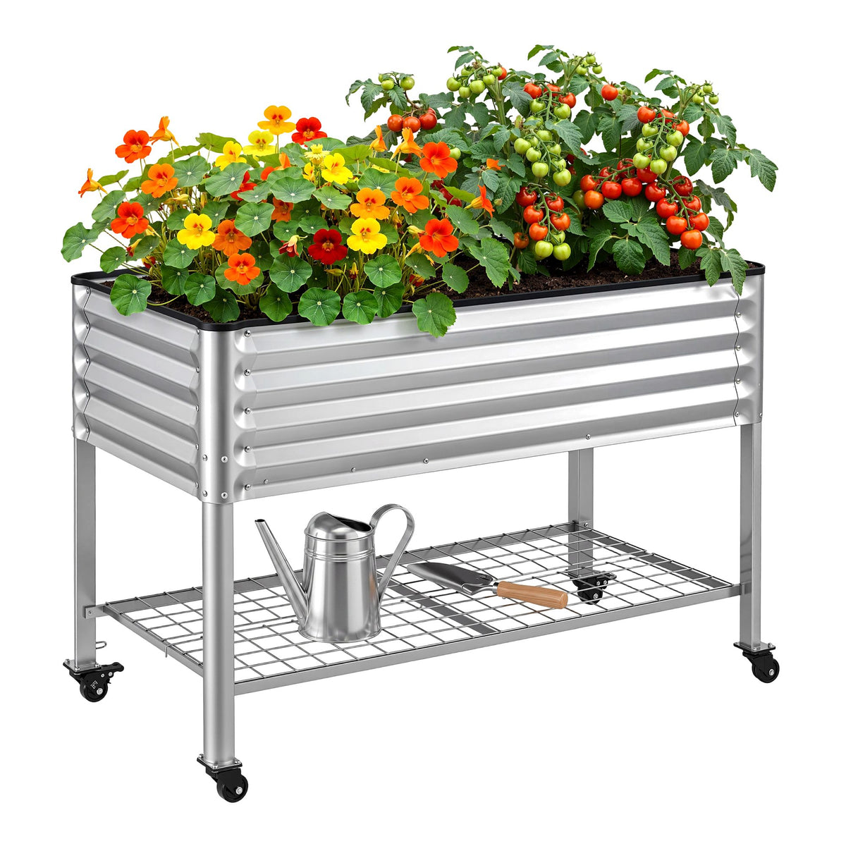 Mobile Raised Garden Bed with Wheels and Storage Shelf 81cm Height - Silver