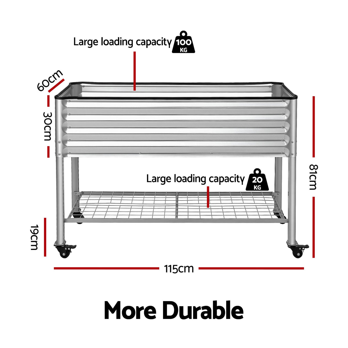 Mobile Raised Garden Bed with Wheels and Storage Shelf 81cm Height - Silver