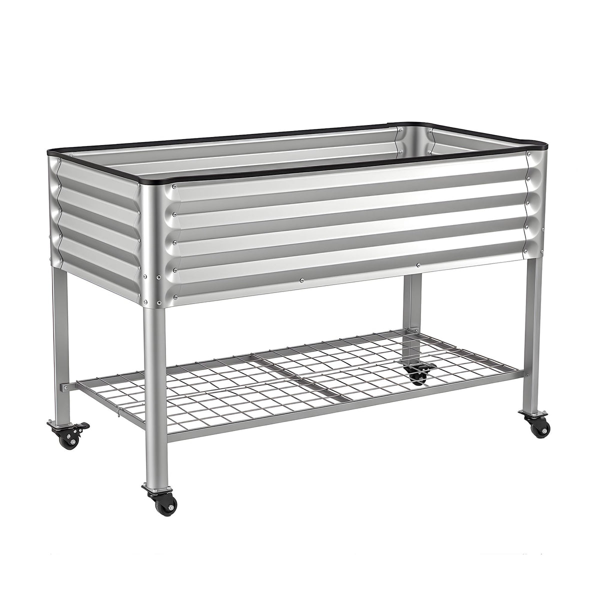 Mobile Raised Garden Bed with Wheels and Storage Shelf 81cm Height - Silver