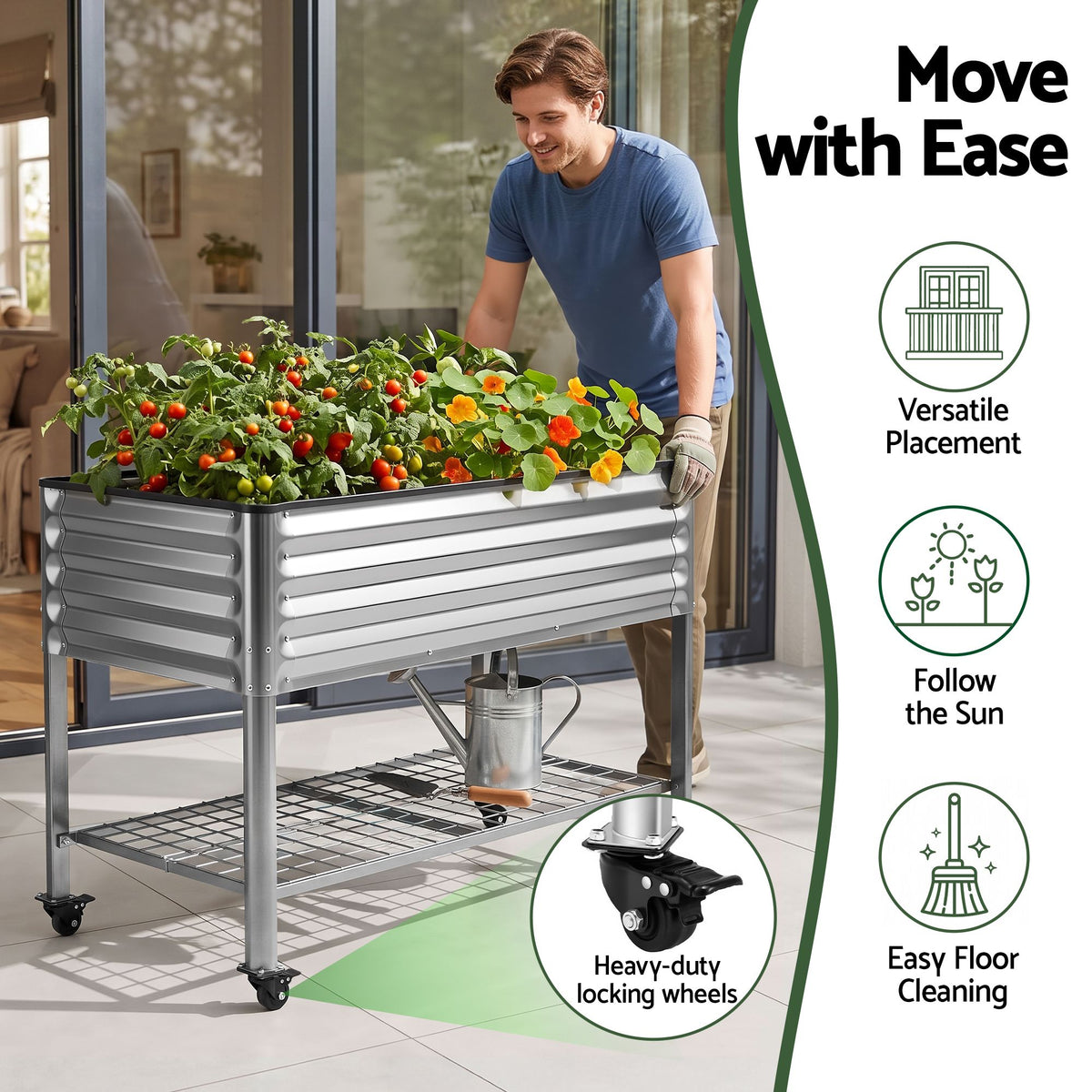 Mobile Raised Garden Bed with Wheels and Storage Shelf 81cm Height - Silver