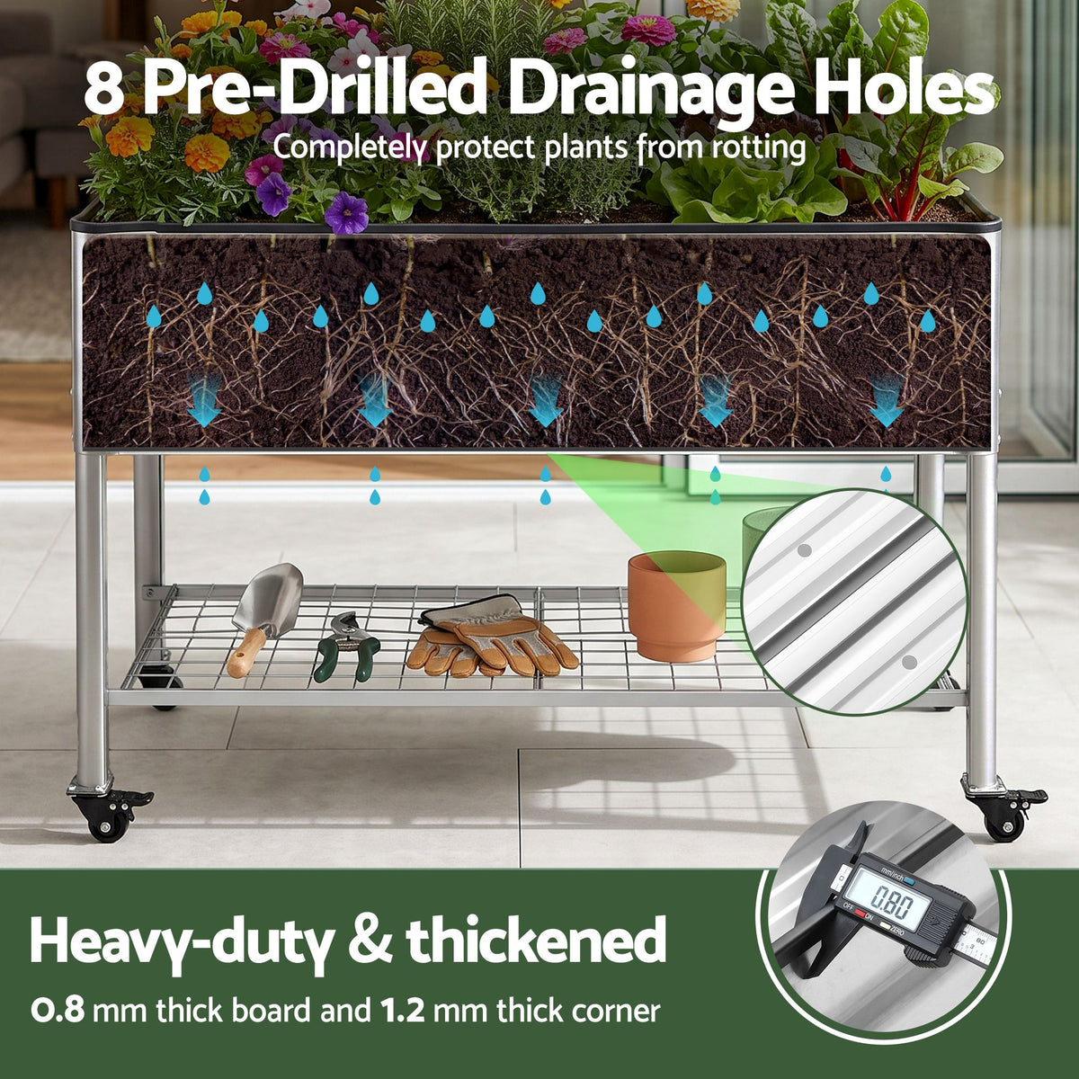 Mobile Raised Garden Bed with Wheels and Storage Shelf 81cm Height - Silver