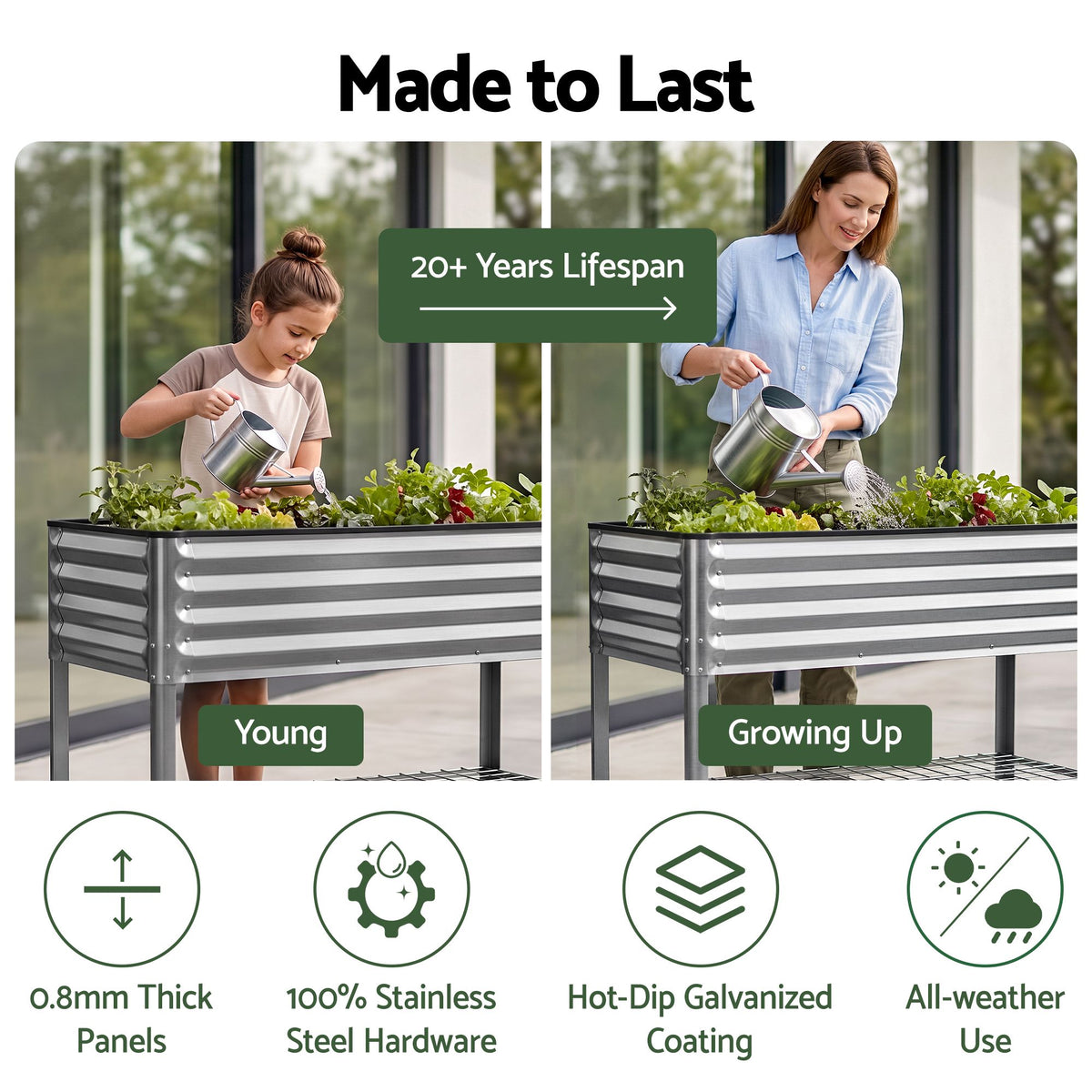 Mobile Raised Garden Bed with Wheels and Storage Shelf 81cm Height - Silver