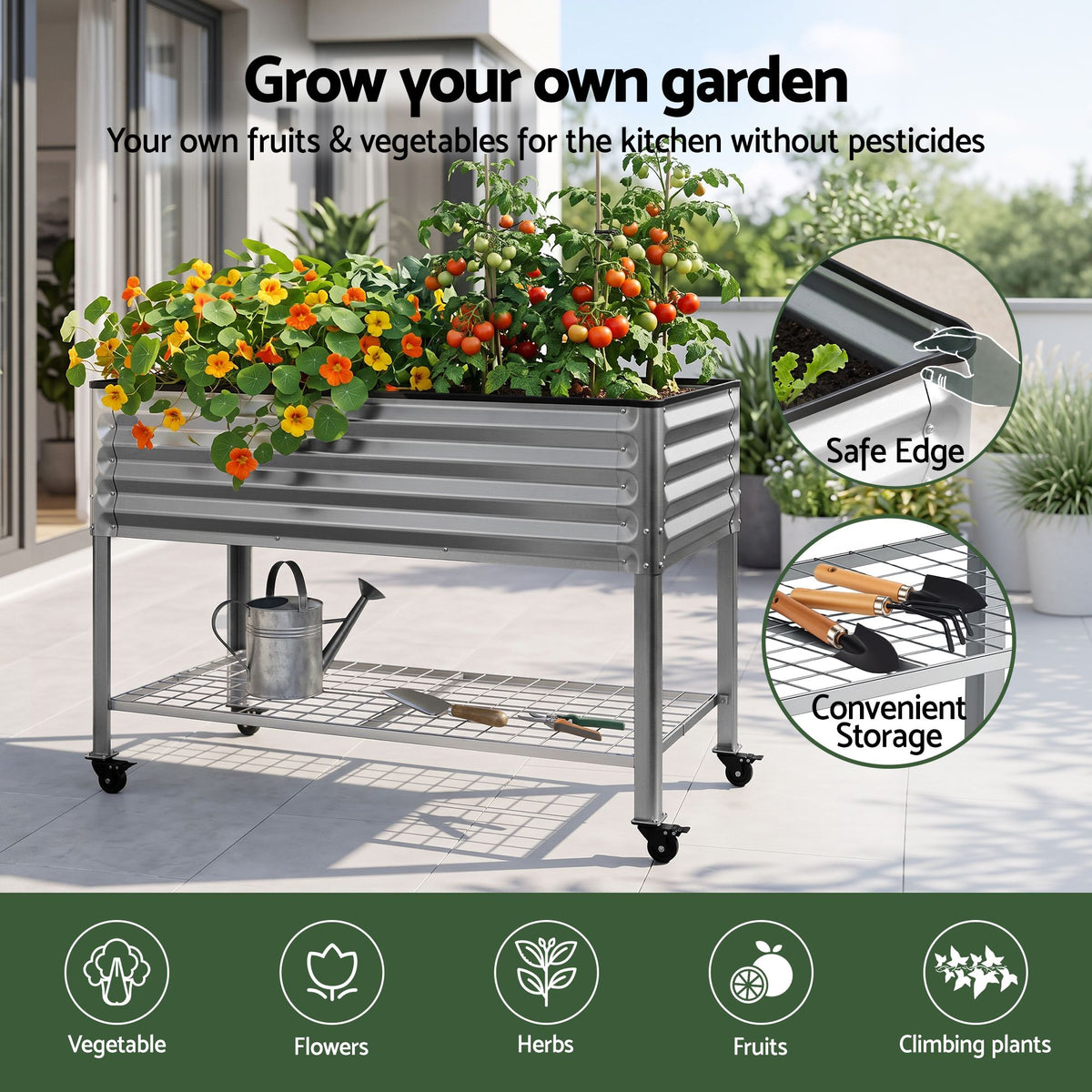 Mobile Raised Garden Bed with Wheels and Storage Shelf 81cm Height - Silver