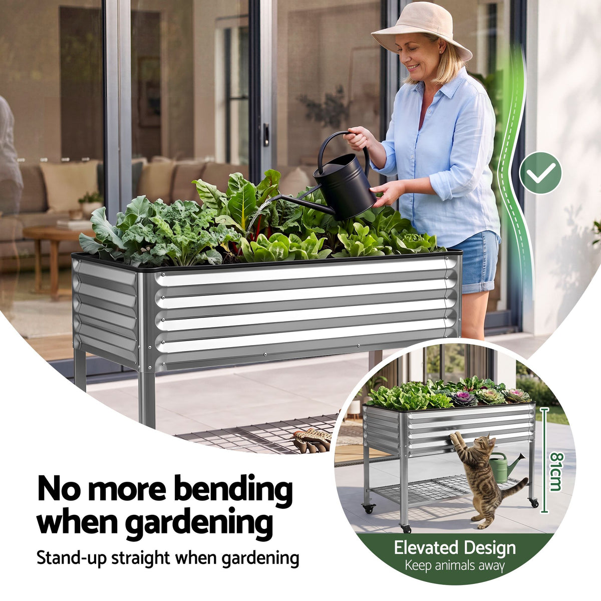Mobile Raised Garden Bed with Wheels and Storage Shelf 81cm Height - Silver