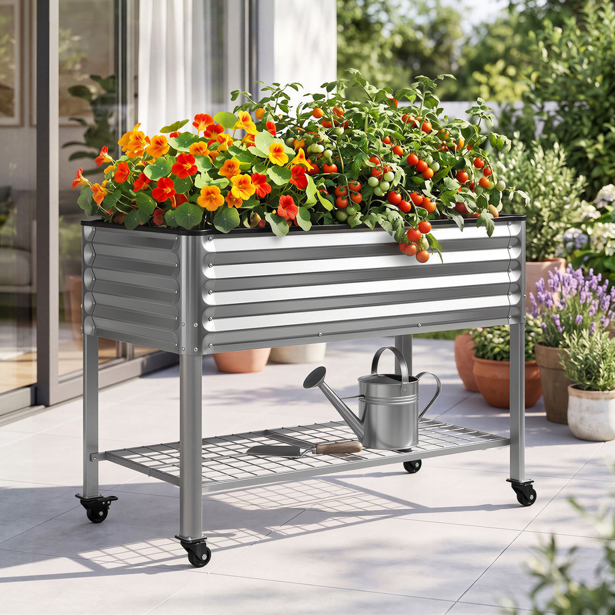 Mobile Raised Garden Bed with Wheels and Storage Shelf 81cm Height - Silver