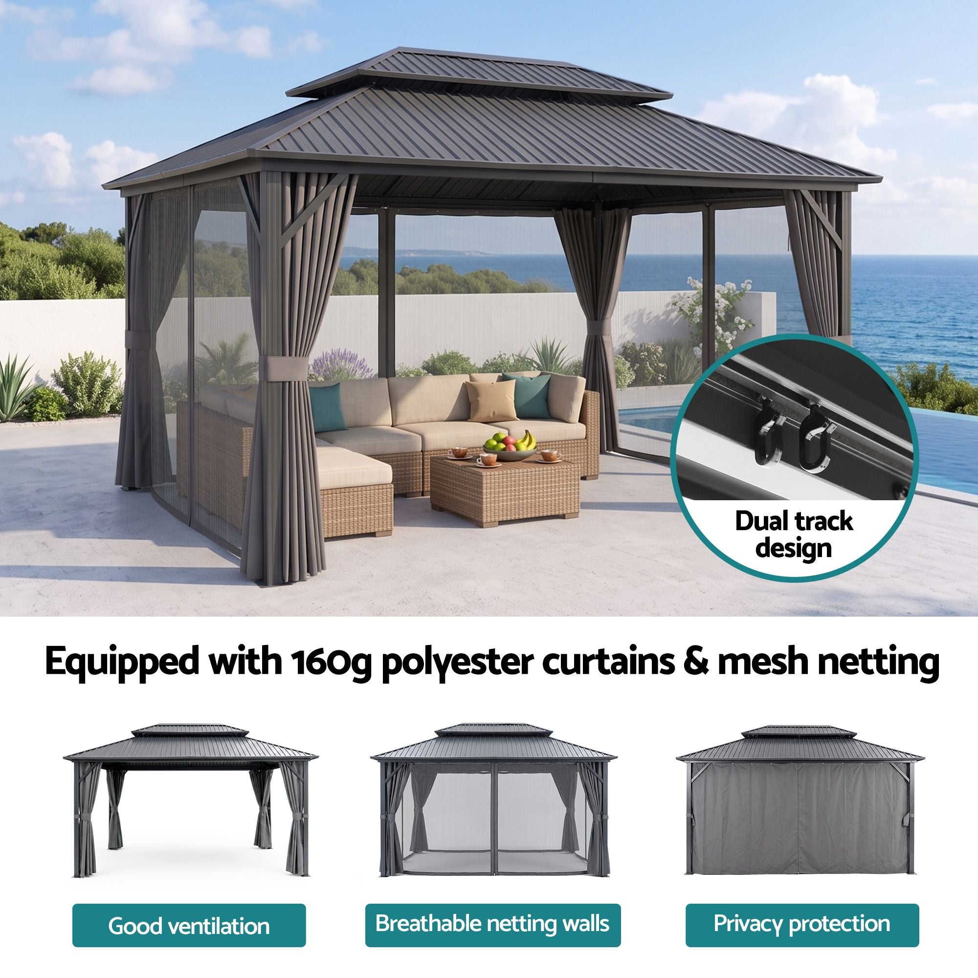 3x4.25m Gazebo Hardtop Steel Roof Outdoor Pavilion