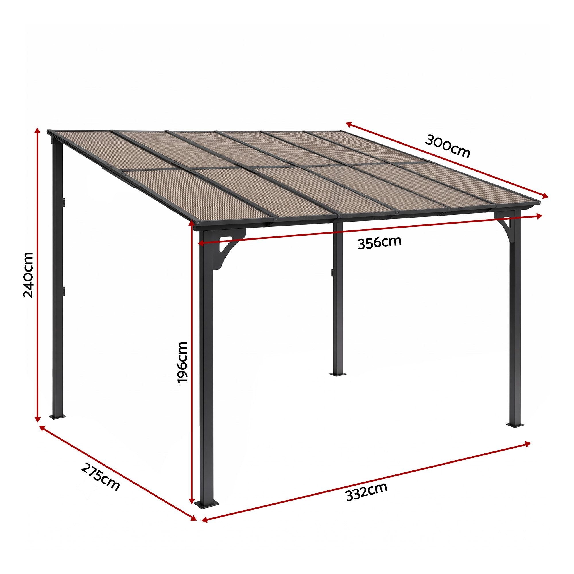 Gazebo Lean-To Pergola Garden Patio Polycarbonate 356cm X 275cm Brown