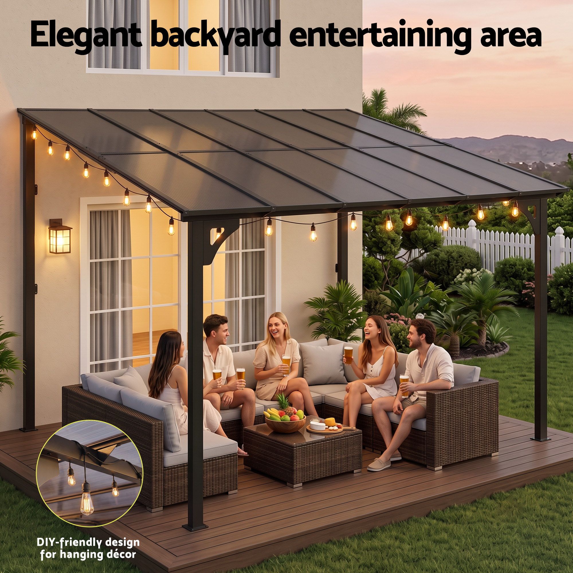 Gazebo Lean-To Pergola Garden Patio Polycarbonate 356cm X 275cm Brown