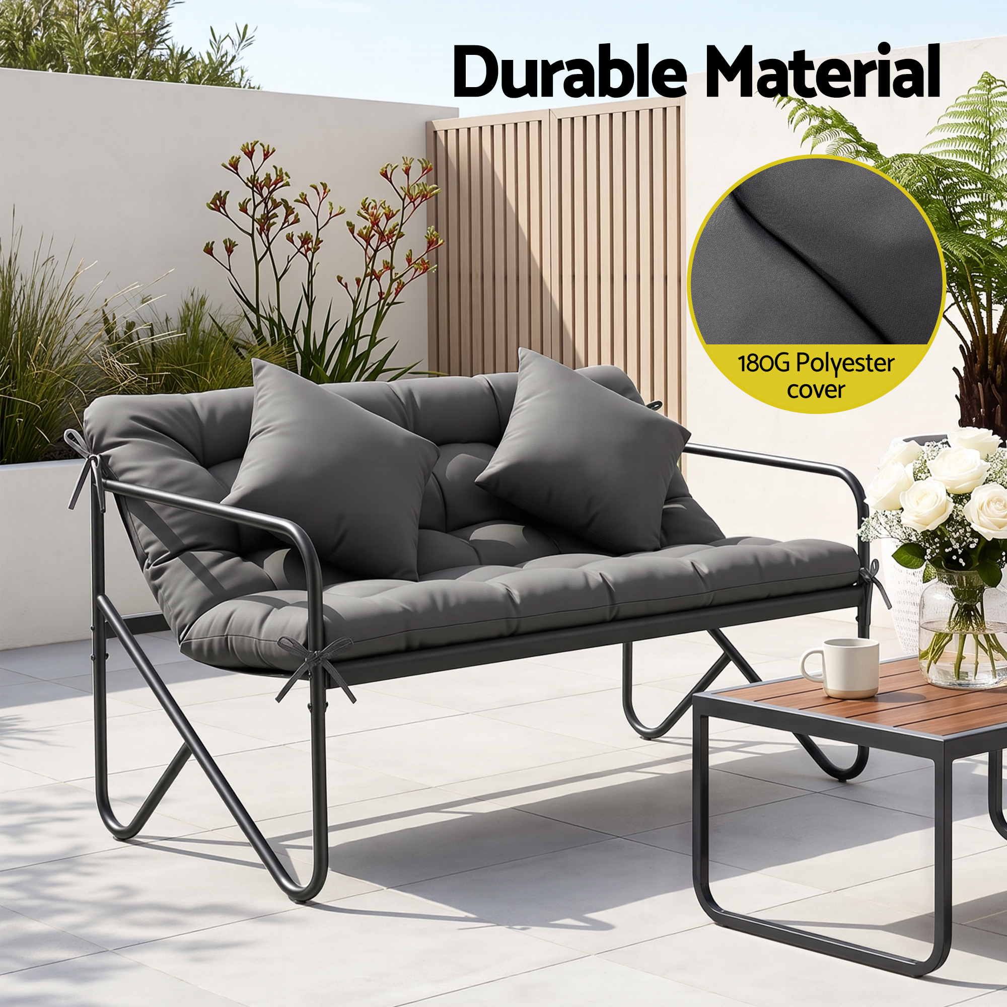 Garden Bench 2 Seater Outdoor Metal with Cushion 118cm - Black