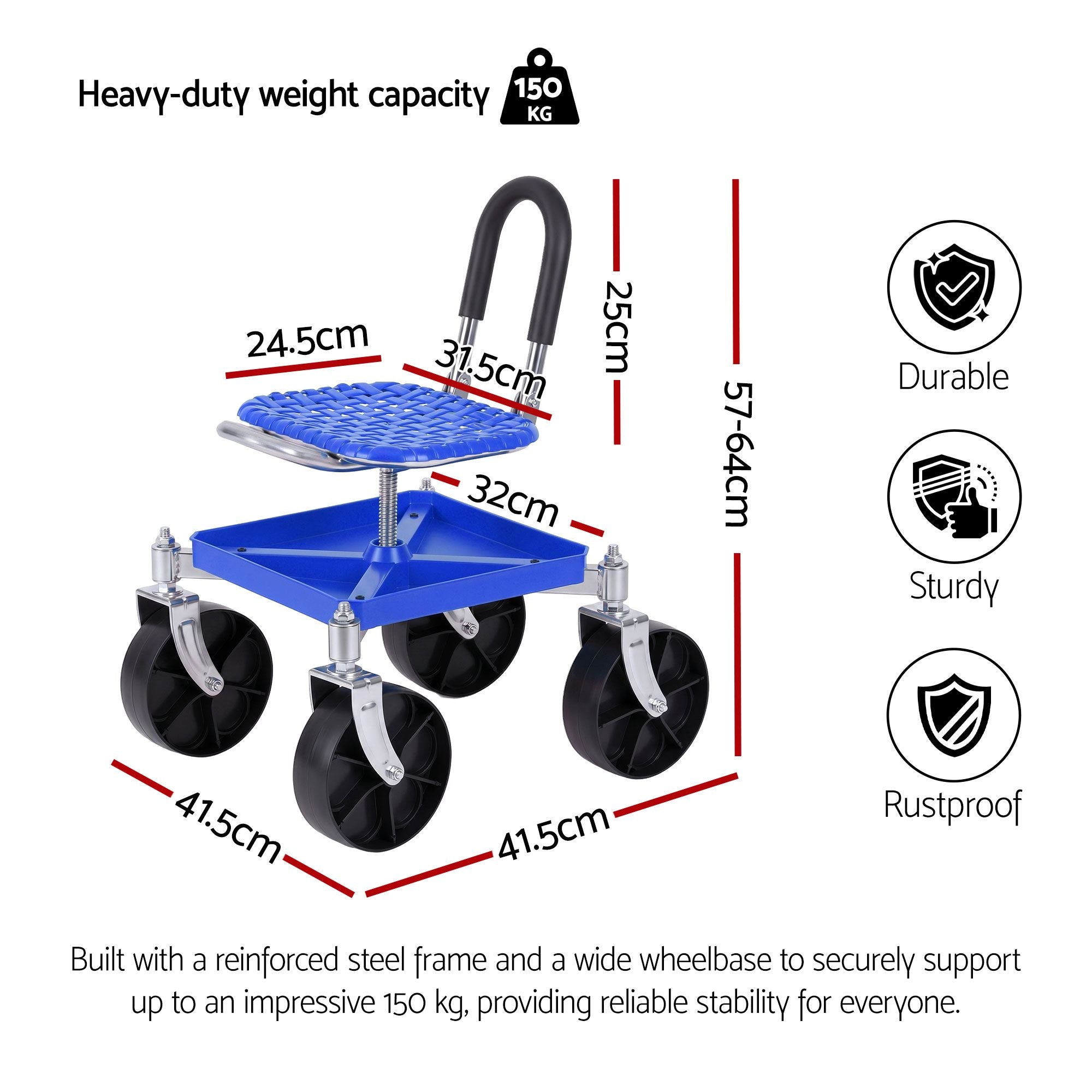 Garden Cart Seat Rolling Stool with 360° Swivel, Height Adjustable, Storage and Castor Wheels - Blue