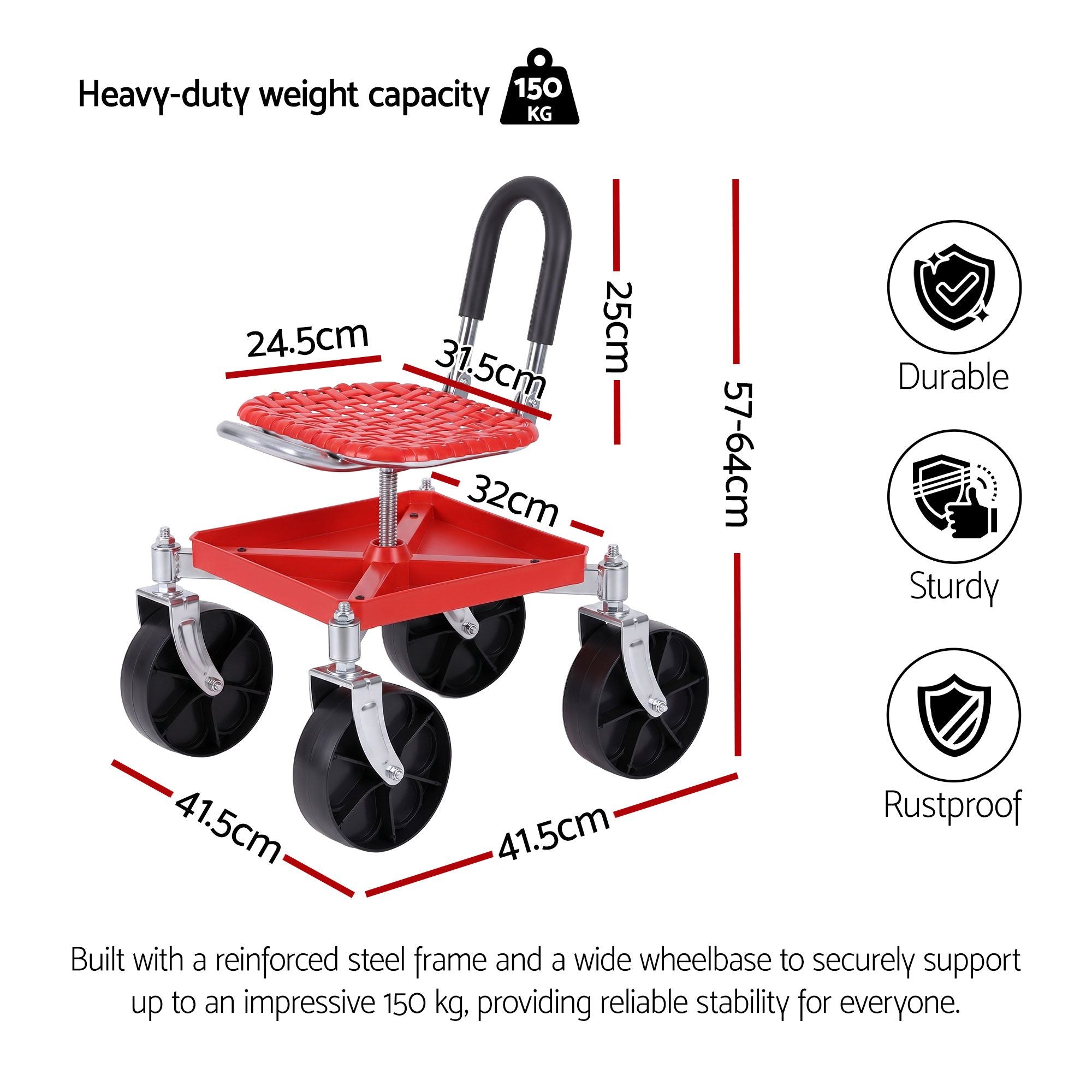 Garden Cart Seat Rolling Stool 360 Swivel Height Adjustable with Storage - Red