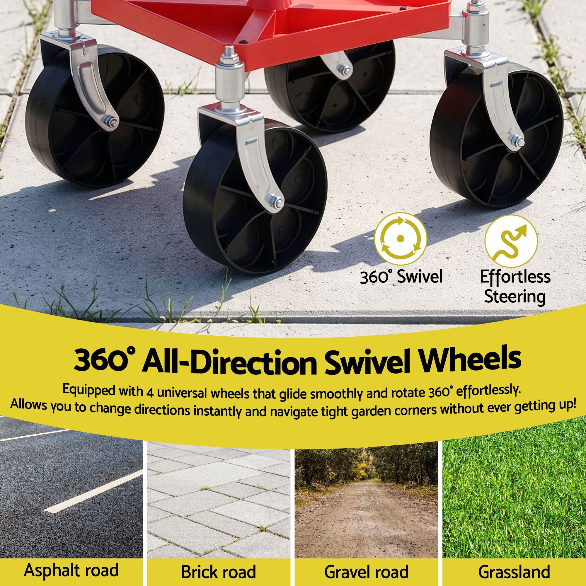 Garden Cart Seat Rolling Stool 360 Swivel Height Adjustable with Storage - Red