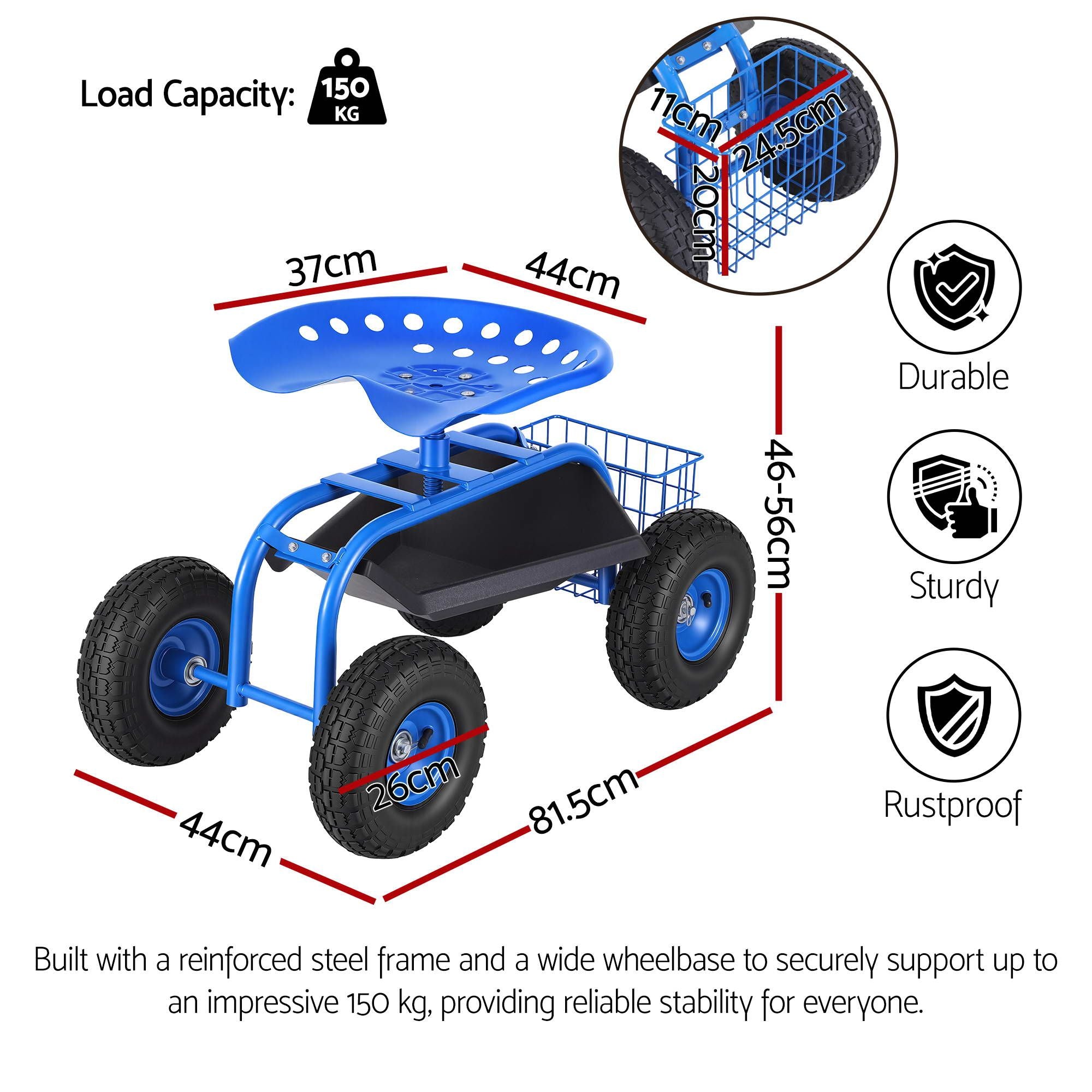 Adjustable Height 360° Swivel Garden Seat with Wheels 150kg Capacity - Blue
