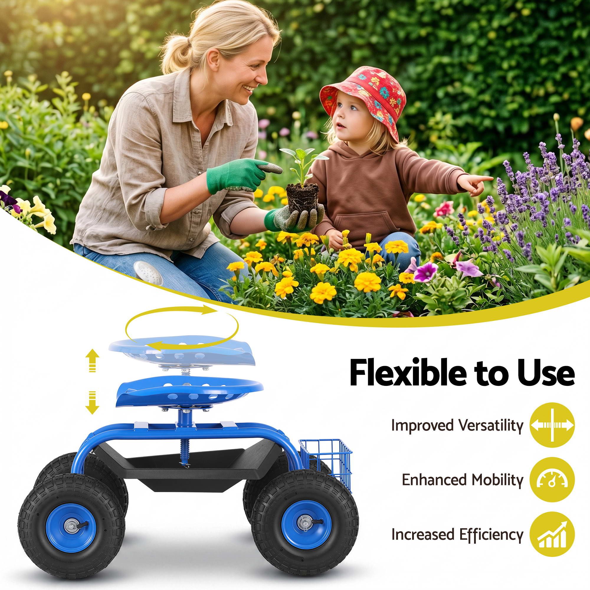 Adjustable Height 360° Swivel Garden Seat with Wheels 150kg Capacity - Blue