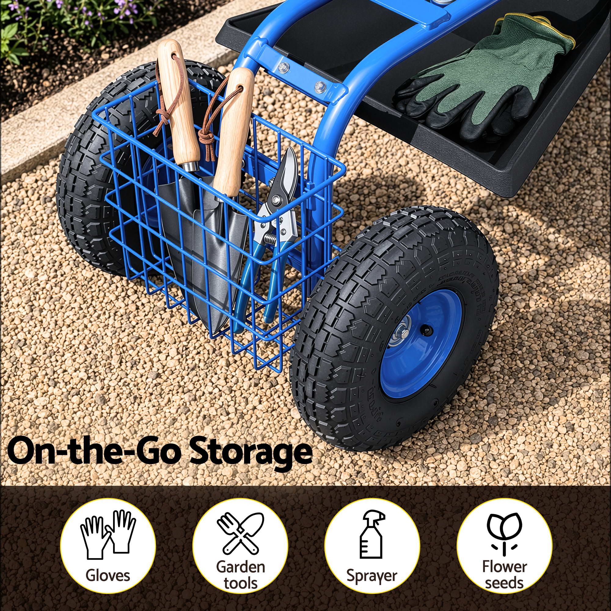 Adjustable Height 360° Swivel Garden Seat with Wheels 150kg Capacity - Blue