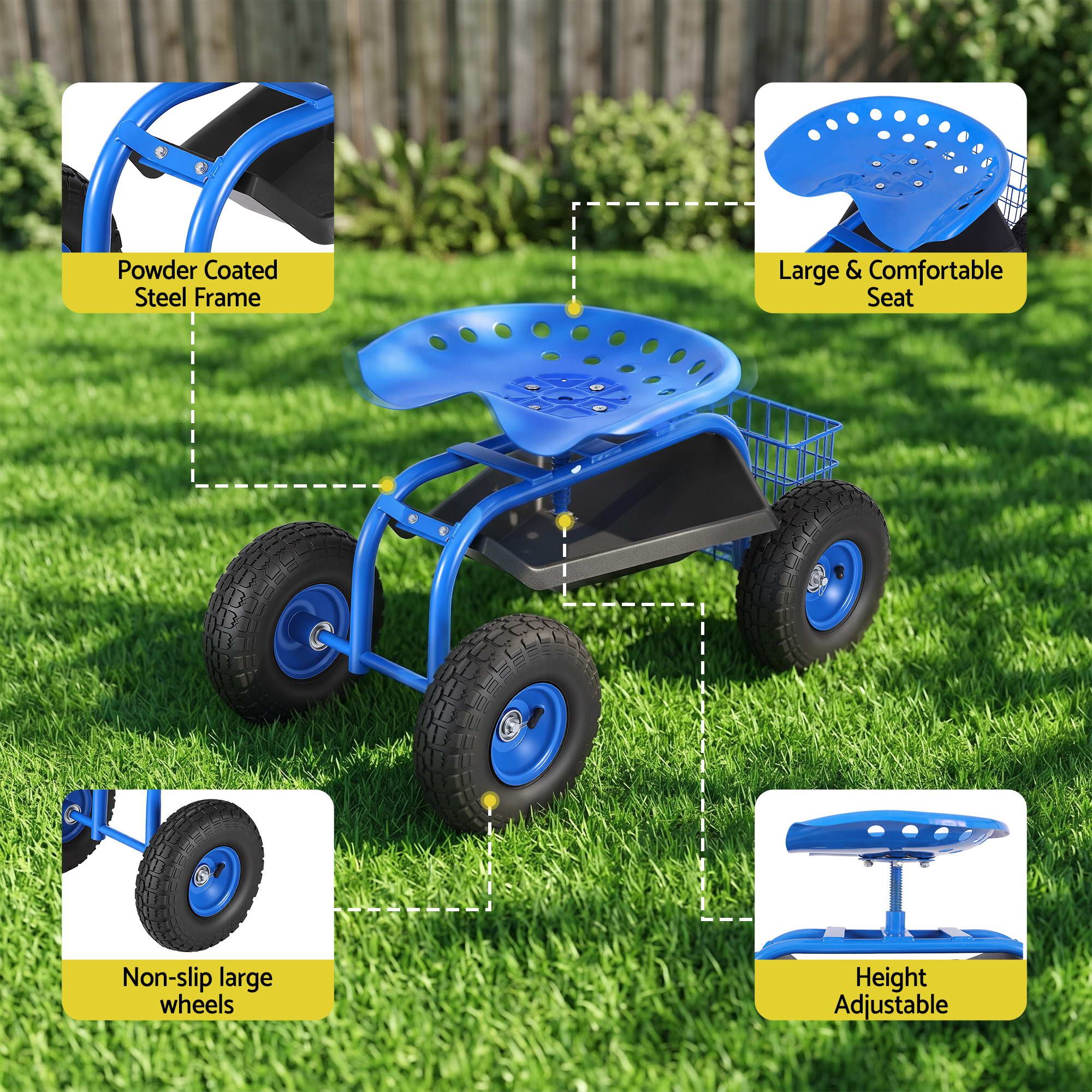 Adjustable Height 360° Swivel Garden Seat with Wheels 150kg Capacity - Blue
