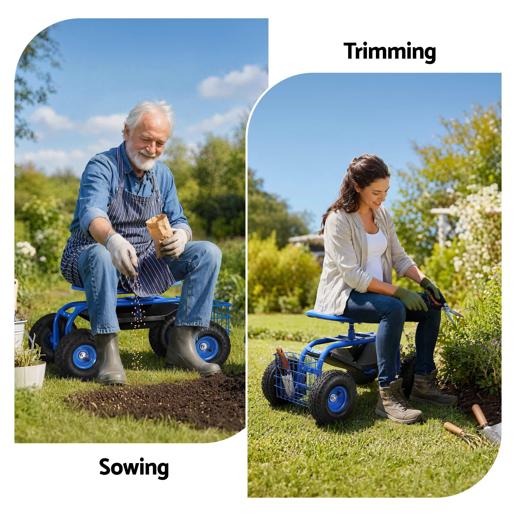 Adjustable Height 360° Swivel Garden Seat with Wheels 150kg Capacity - Blue