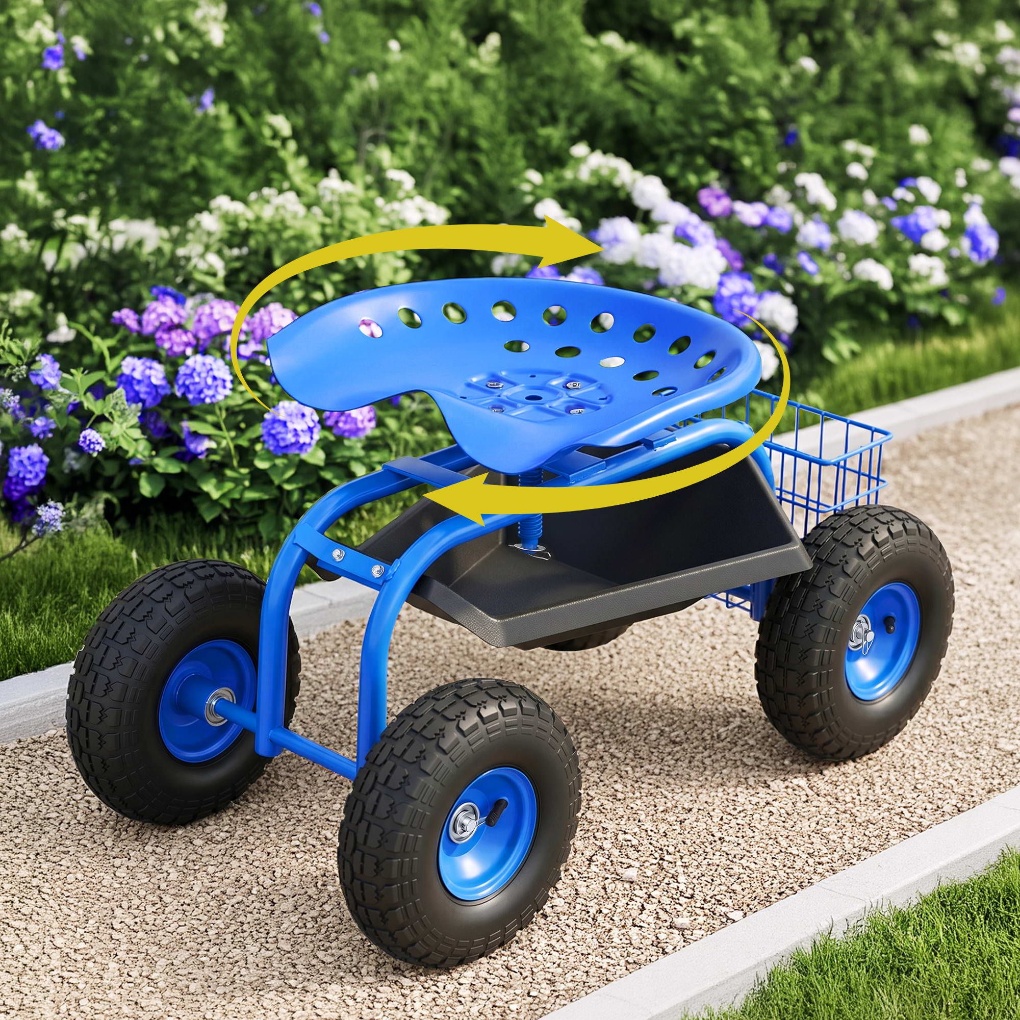 Adjustable Height 360° Swivel Garden Seat with Wheels 150kg Capacity - Blue