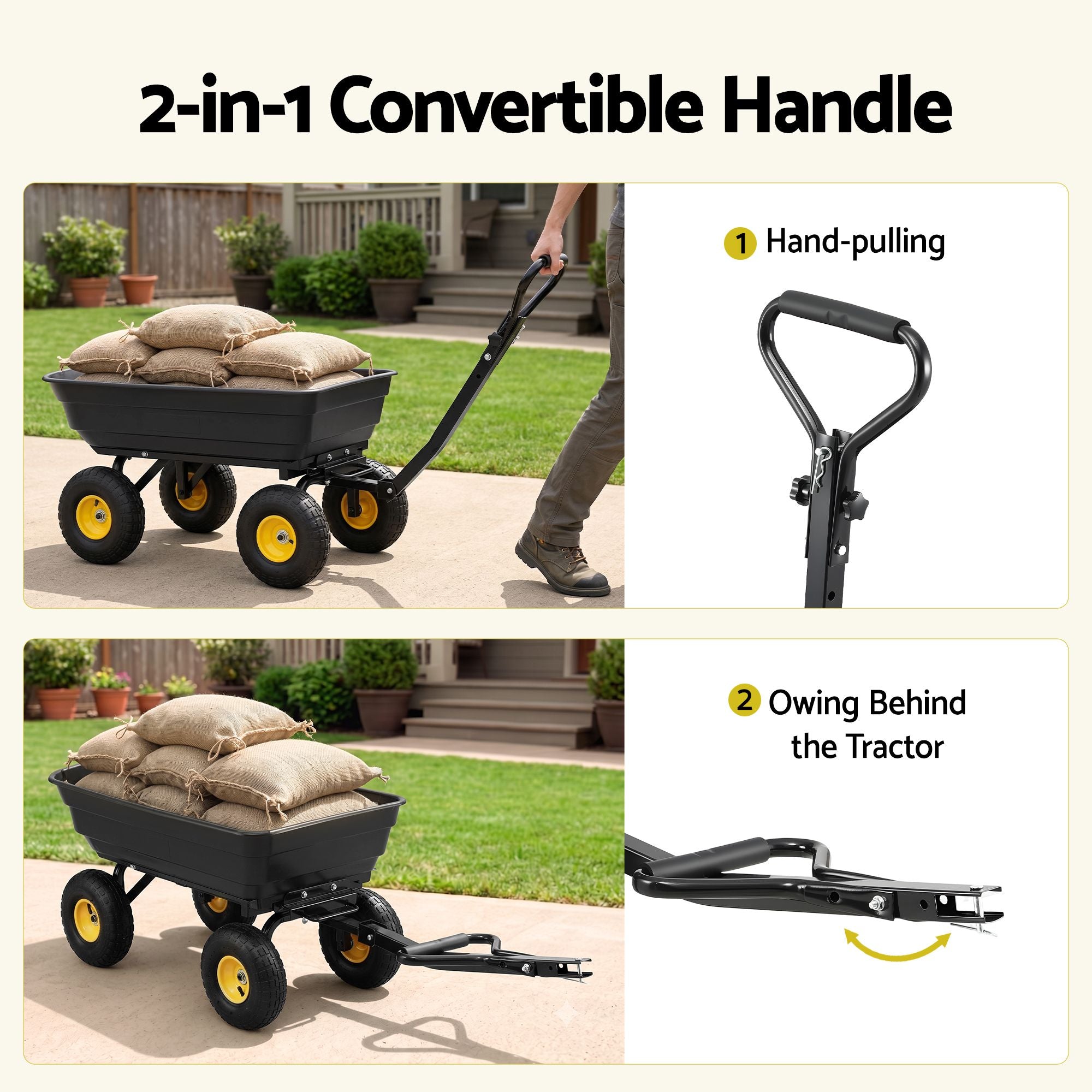 Garden Cart Dump Utility Wagon 270kg 2in1 Handle Tractor Trolley 110L with 10in Tyres