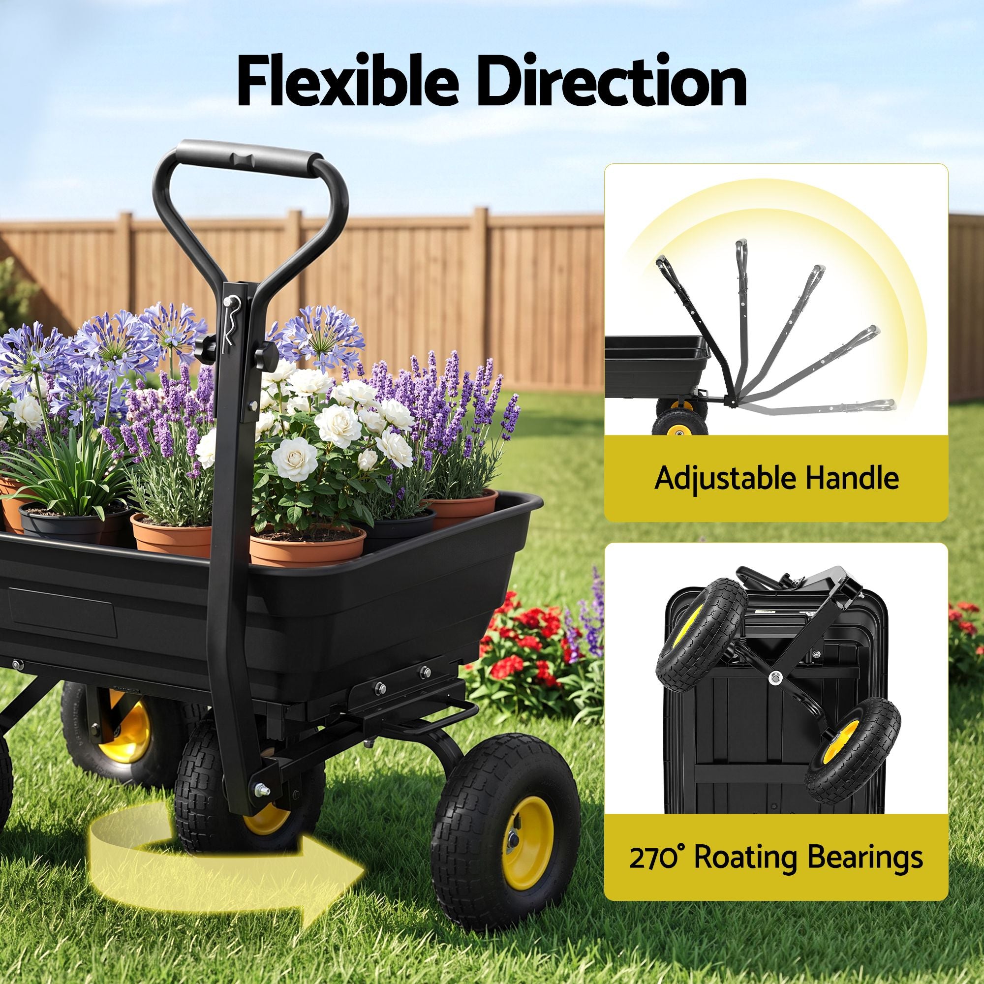 Garden Cart Dump Utility Wagon 270kg 2in1 Handle Tractor Trolley 110L with 10in Tyres