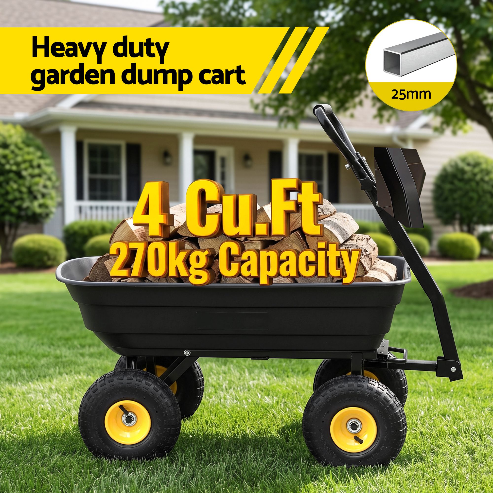 Garden Cart Dump Utility Wagon 270kg 2in1 Handle Tractor Trolley 110L with 10in Tyres