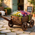 Wooden Planter Cart with Wagon Wheels Plant Stand Large Fir Wood - Natural Charred Brown