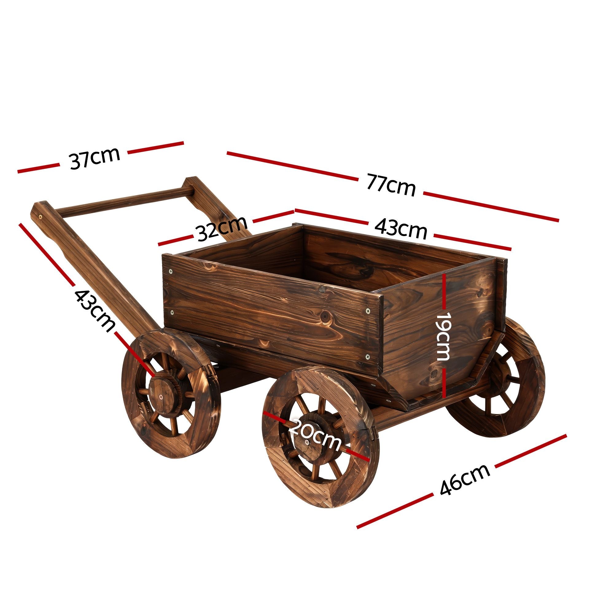 Wooden Planter Cart with Wagon Wheels Plant Stand Large Fir Wood - Natural Charred Brown