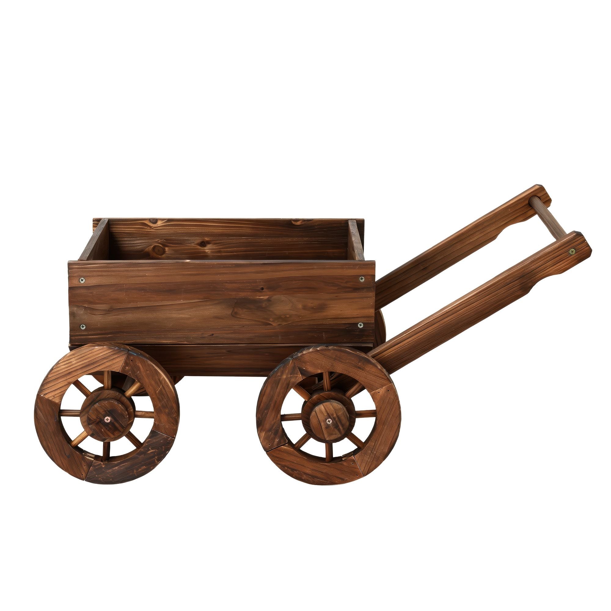 Wooden Planter Cart with Wagon Wheels Plant Stand Large Fir Wood - Natural Charred Brown