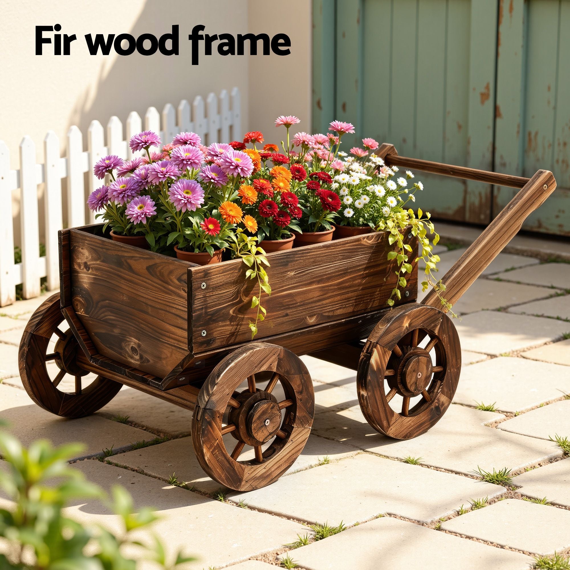 Wooden Planter Cart with Wagon Wheels Plant Stand Large Fir Wood - Natural Charred Brown