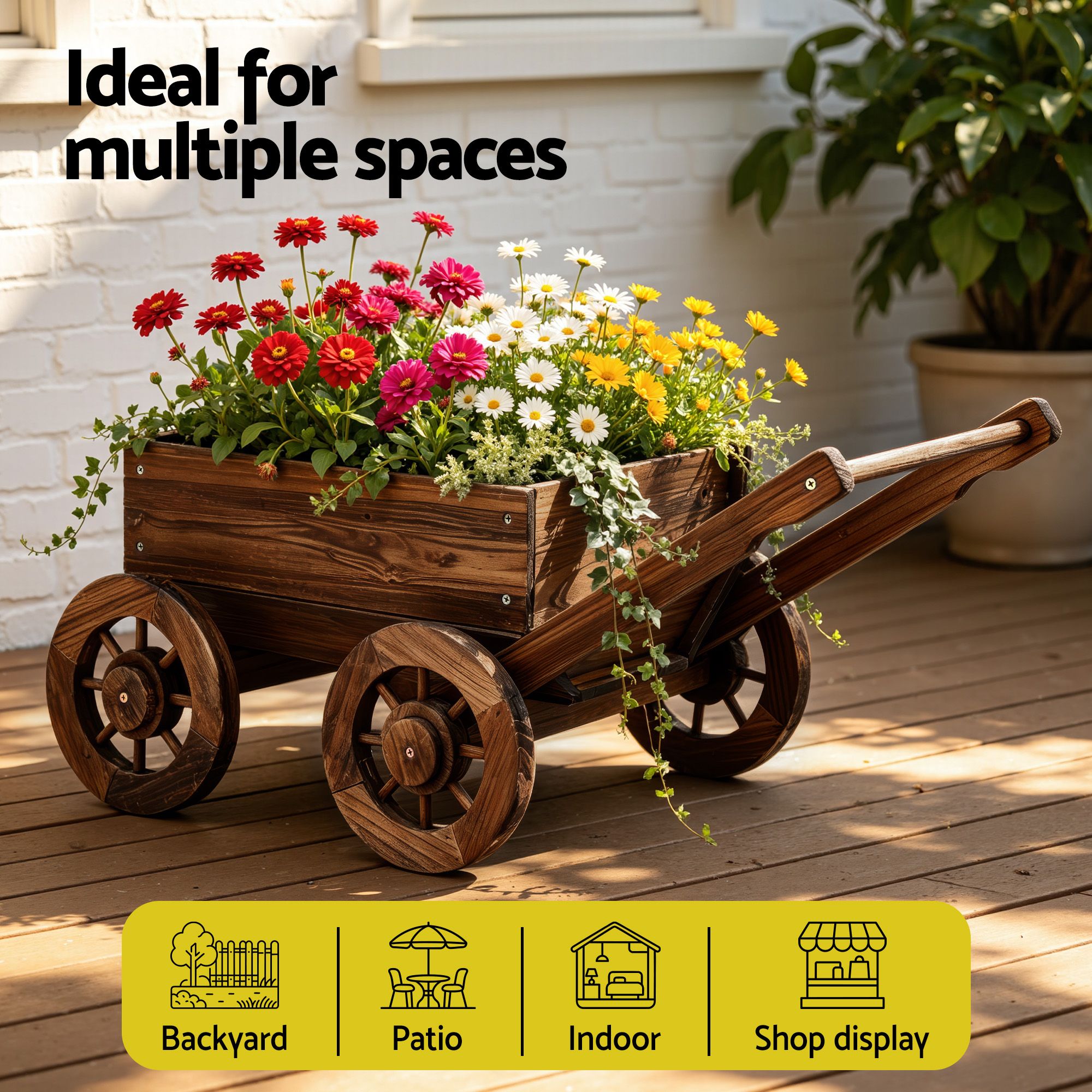 Wooden Planter Cart with Wagon Wheels Plant Stand Large Fir Wood - Natural Charred Brown