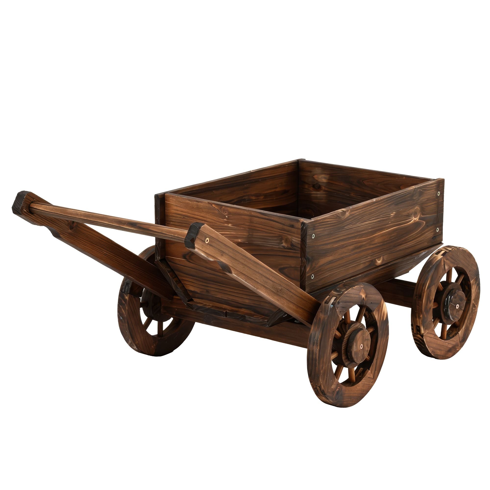 Wooden Planter Cart with Wagon Wheels Plant Stand Large Fir Wood - Natural Charred Brown