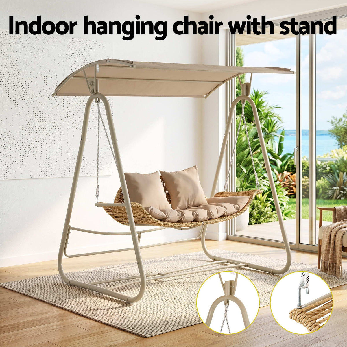 Outdoor 2-Seater Swing Chair with Canopy - Beige