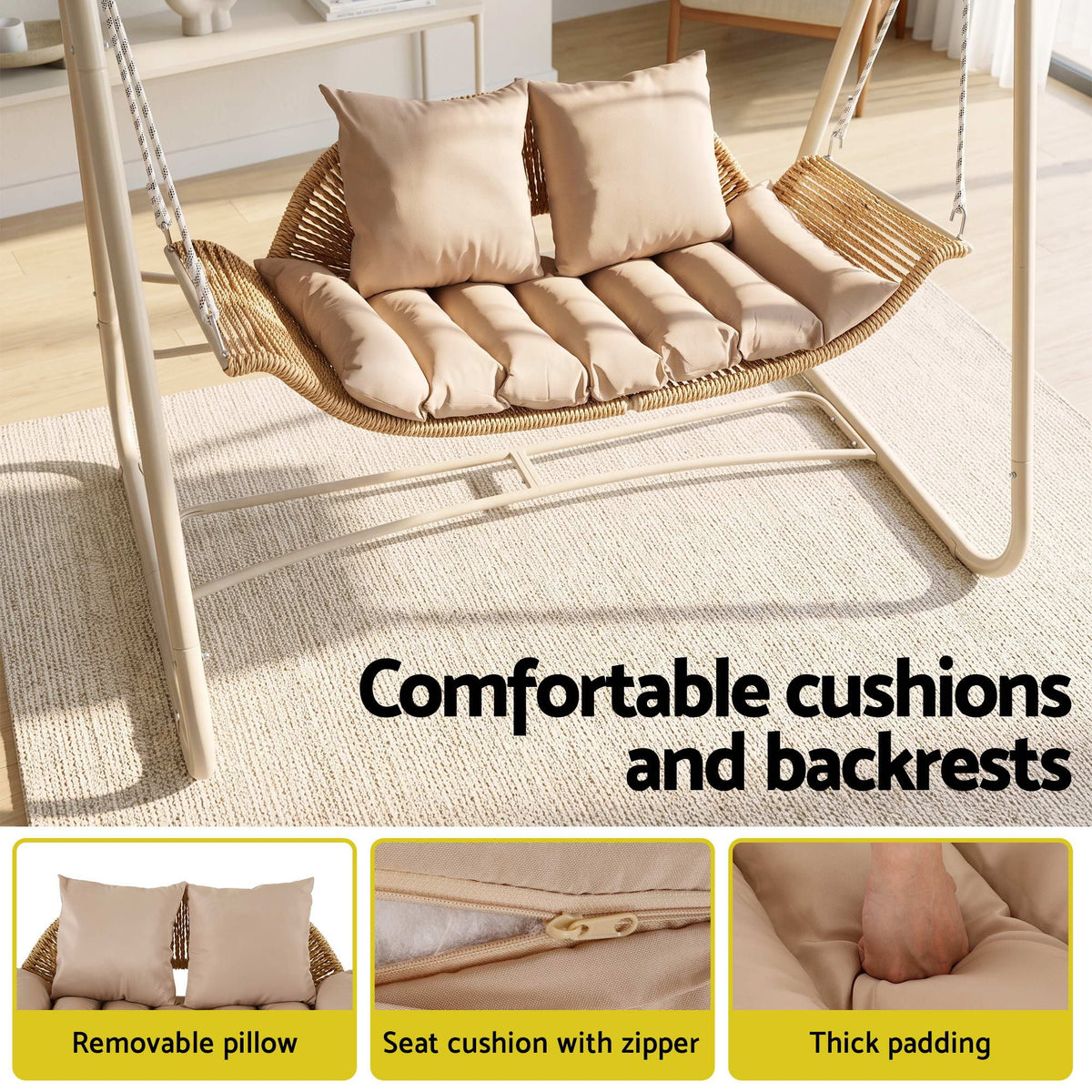 Outdoor 2-Seater Swing Chair with Canopy - Beige
