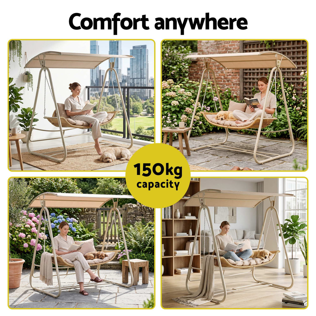 Outdoor 2-Seater Swing Chair with Canopy - Beige