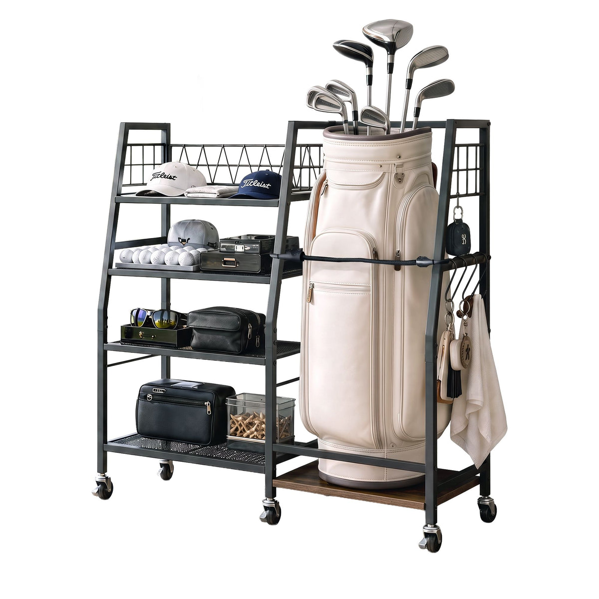 Golf Bag Storage Rack with 4 Shelves and 1 Bag Holder - Black