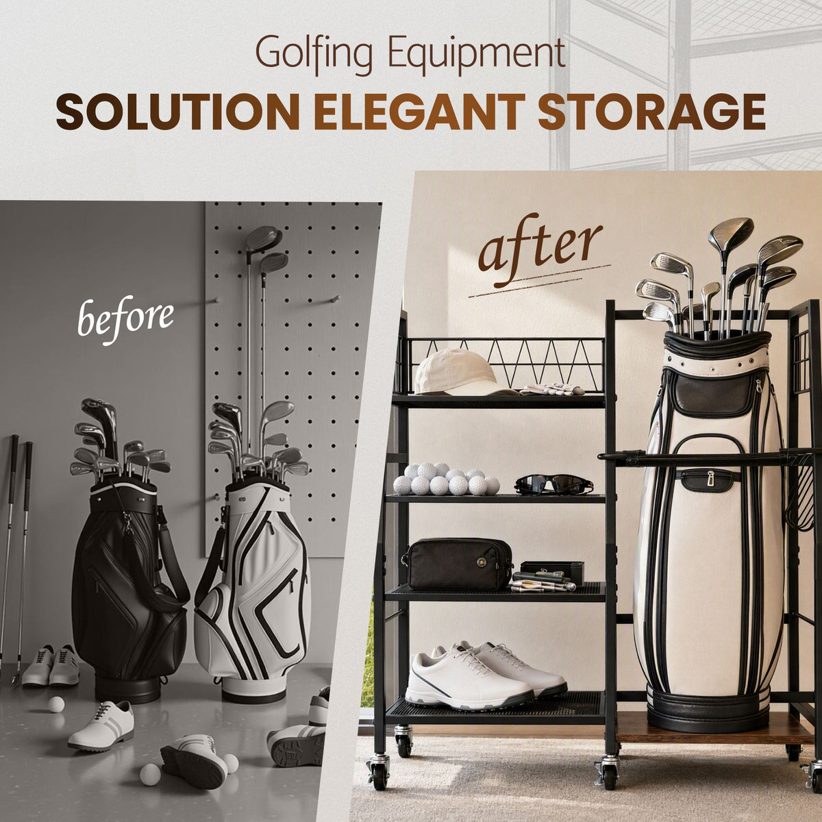 Golf Bag Storage Rack with 4 Shelves and 1 Bag Holder - Black