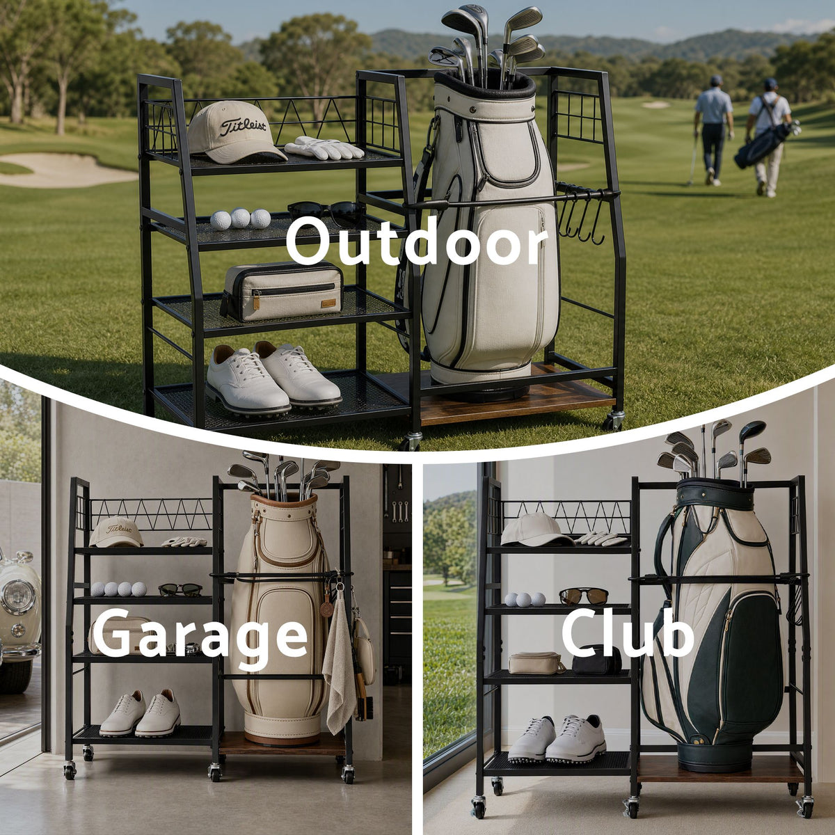 Golf Bag Storage Rack with 4 Shelves and 1 Bag Holder - Black