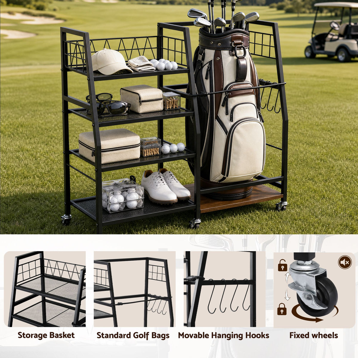 Golf Bag Storage Rack with 4 Shelves and 1 Bag Holder - Black