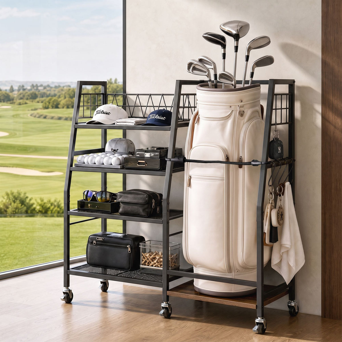 Golf Bag Storage Rack with 4 Shelves and 1 Bag Holder - Black