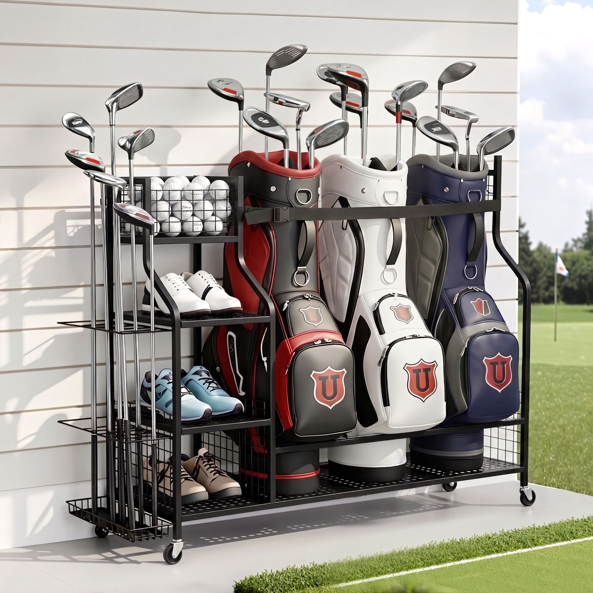 Golf 3 Bag Storage Garage Organizer with Wheels - Black