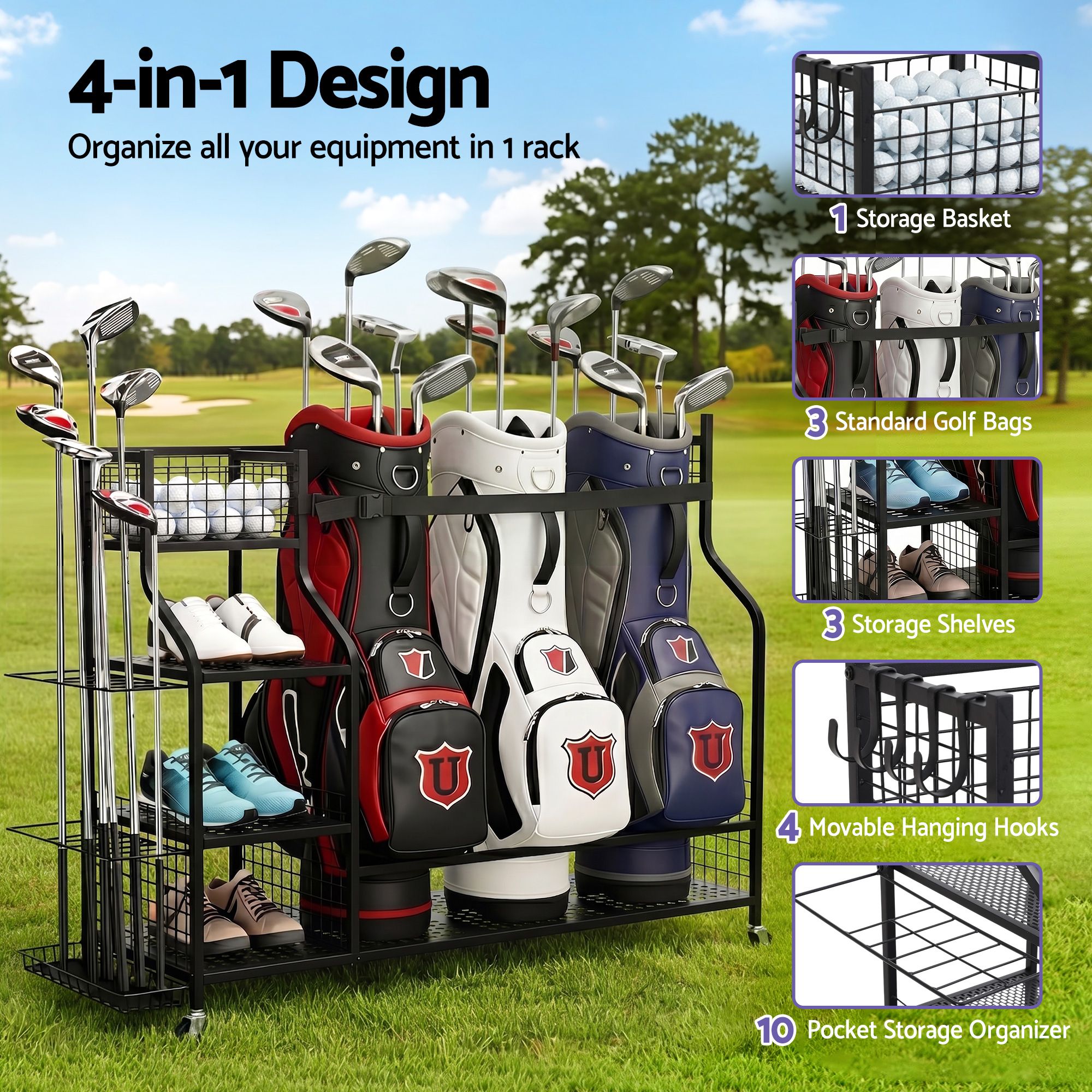 Golf 3 Bag Storage Garage Organizer with Wheels - Black