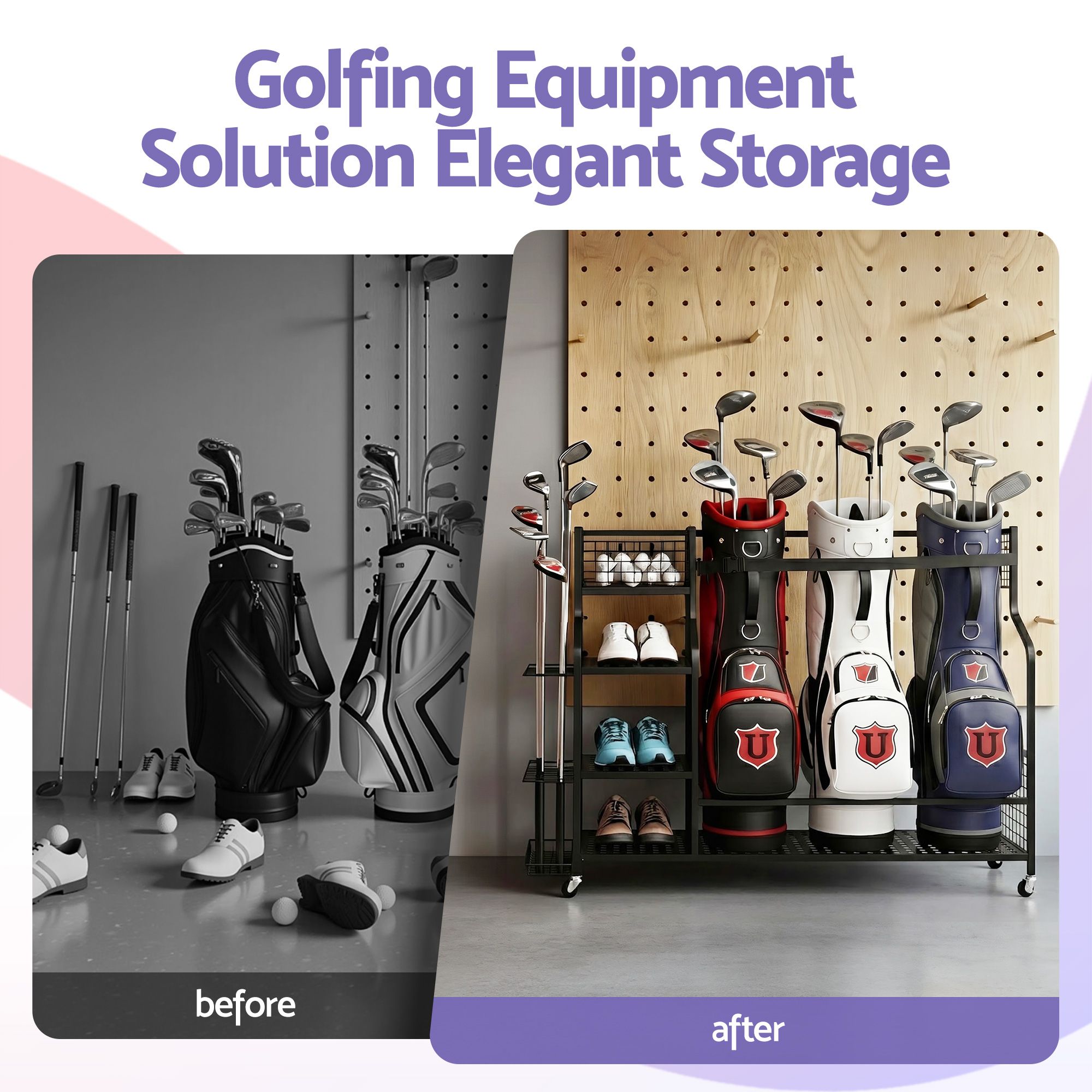 Golf 3 Bag Storage Garage Organizer with Wheels - Black