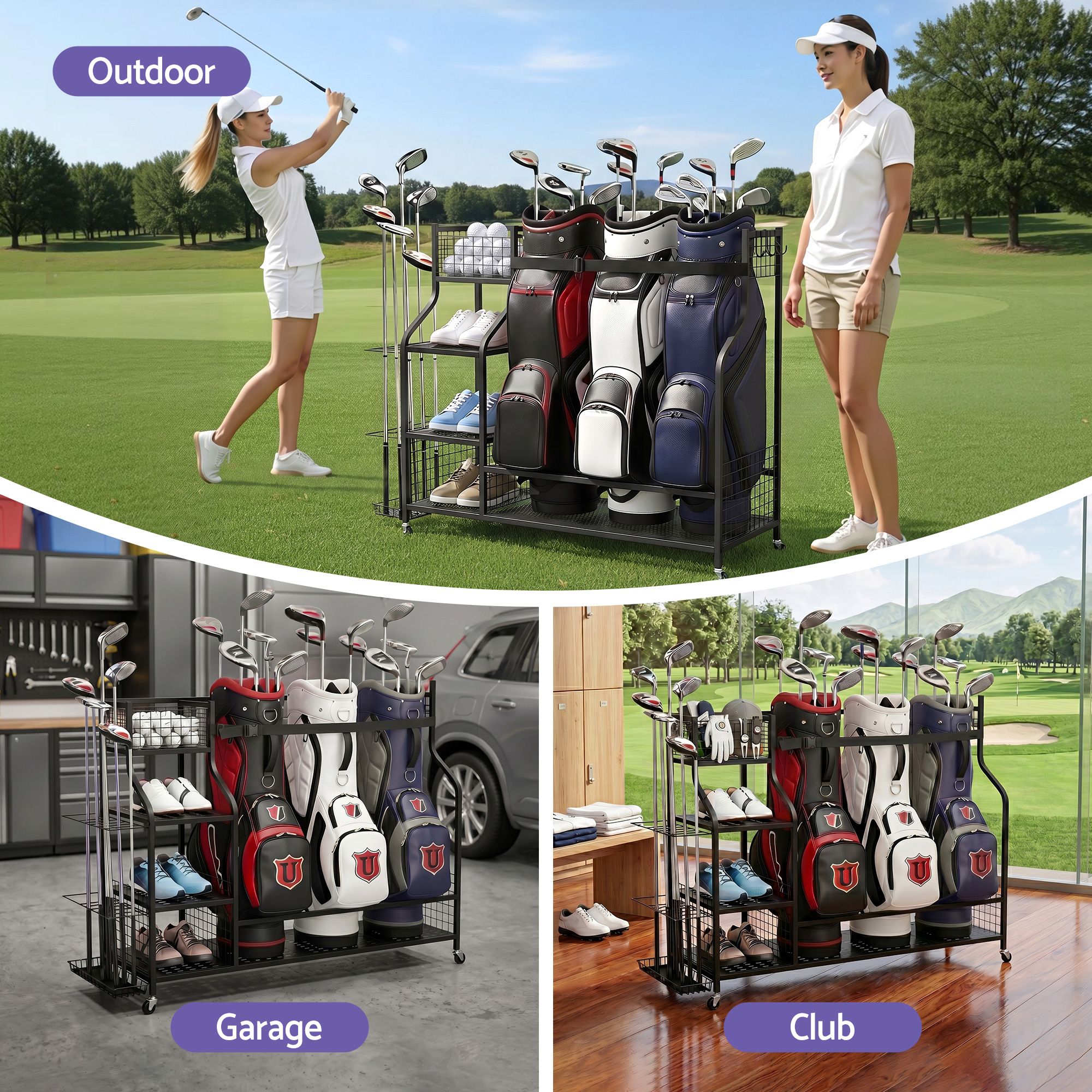 Golf 3 Bag Storage Garage Organizer with Wheels - Black