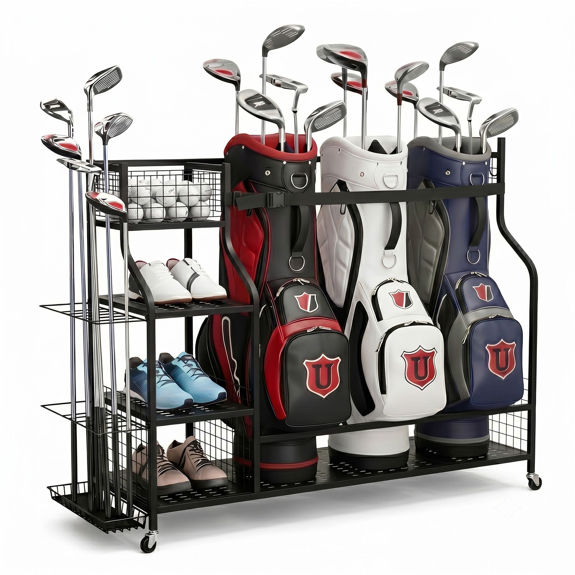 Golf 3 Bag Storage Garage Organizer with Wheels - Black