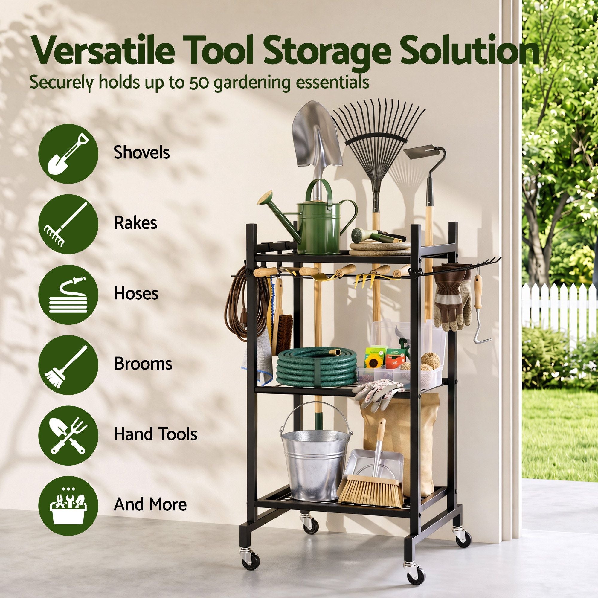 Garden Tool Organizer with Wheels Heavy Duty Garage Yard Storage Cart